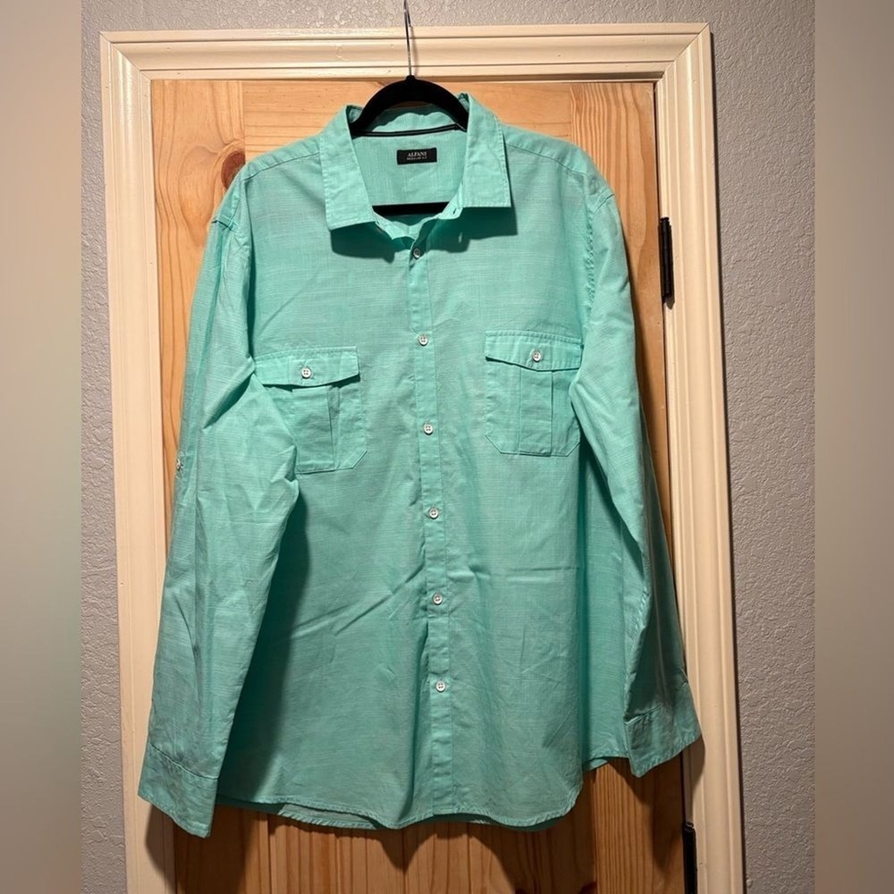 Alfani Button Down Shirt XXL Seafoam Green Regular Fit Slub Pocket